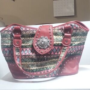 Heritage West Red Southwestern Studded Rhinestone Concho Shoulder Bag Tote